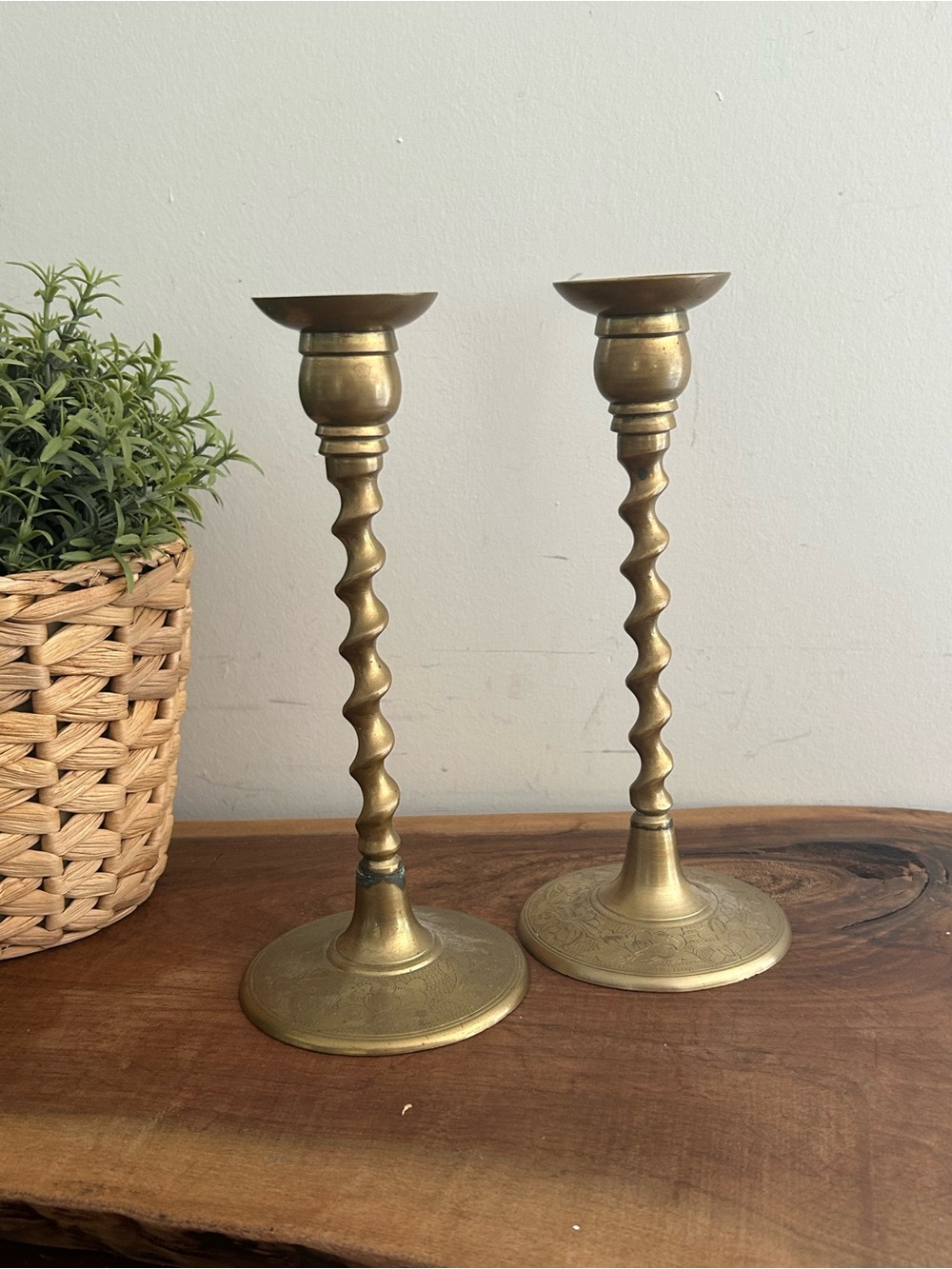 8”Pair 19th Century English Brass Barley Twist Spiral Taper Candlesticks